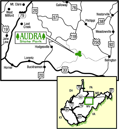 map showing the location of Audra in relation to Buckhannon, Belington, Interstate 79 and Route 33